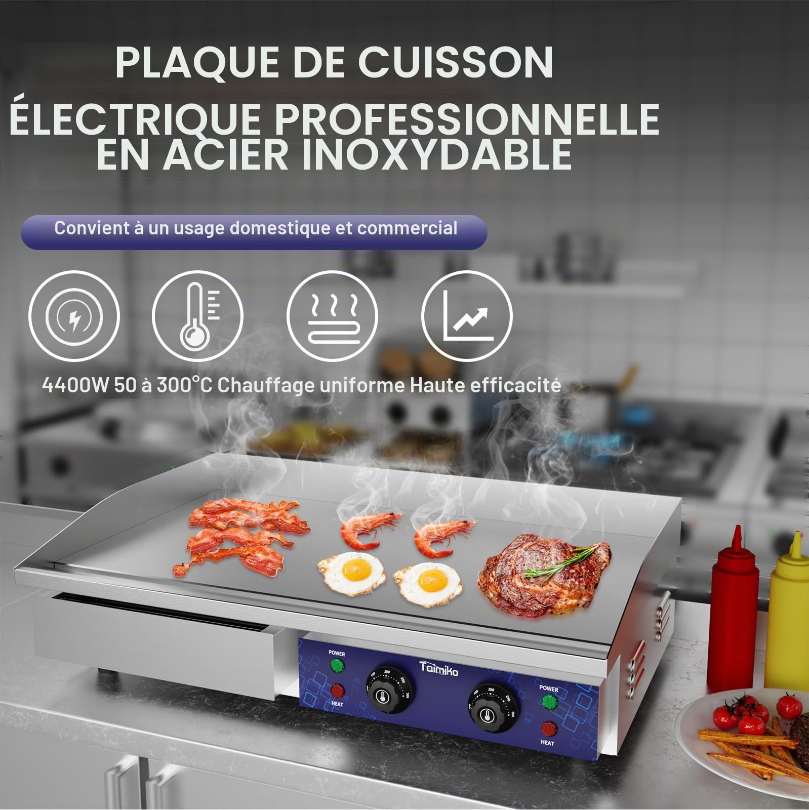 TAIMIKO Plancha Électrique 73cm Plancha Electrique Exterieur 4400w Commercial en Acier Inoxydable Professionnelle Plaque Électrique 2 Pelles et 2 Brosses, Pour Barbecue Restaurant Snack-Bar
