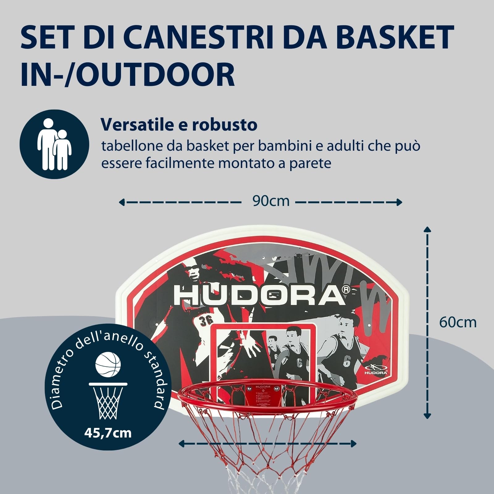 Hudora Basketball Hoop Set - Indoor & Outdoor Basketball Hoop with Board - Basketball Basket with Mounting Material for Wall Mounting - Basketball Board & Basket for Adults/Teenagers & Children