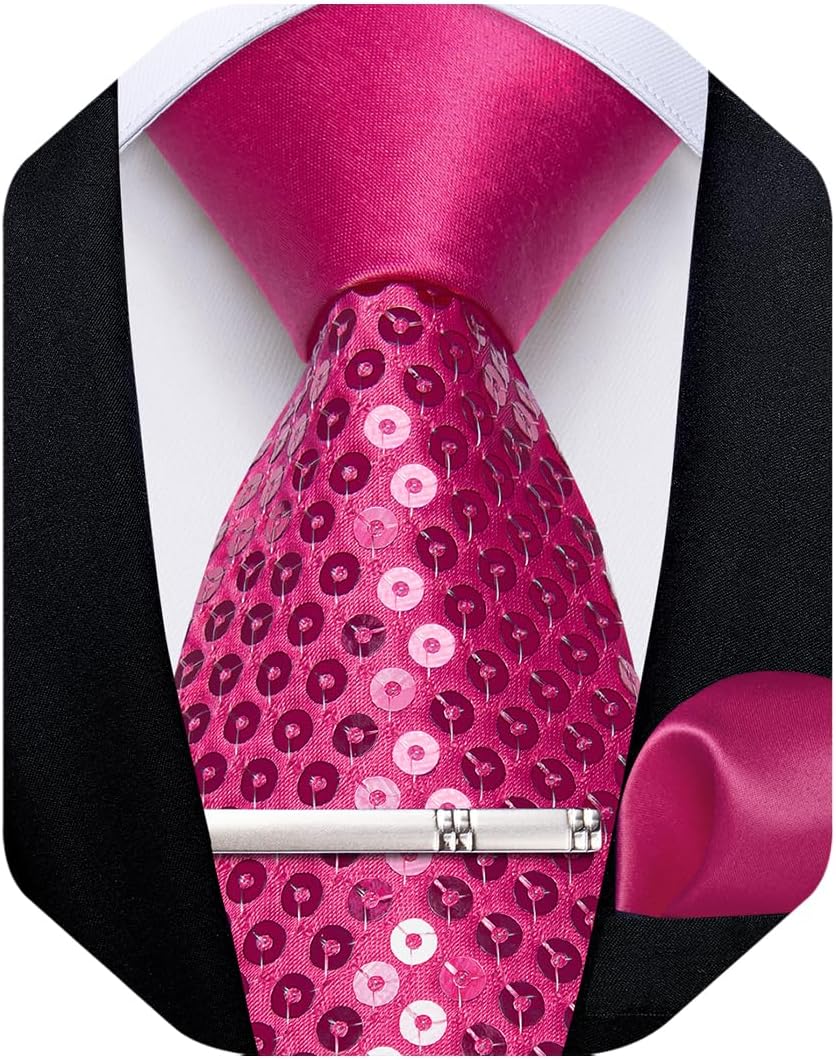 Mens Sequin Tie Set Solid Color Necktie and Pocket Square Tie Clip Set Shiny Slim Ties for Wedding Party
