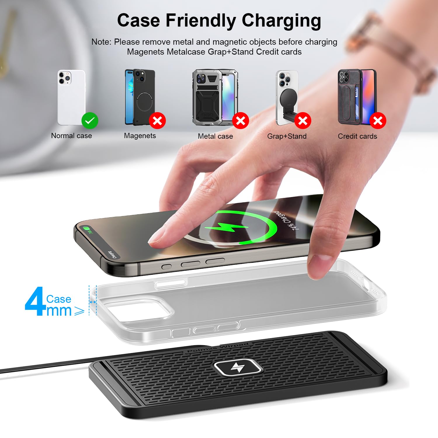 Polmxs - Caricabatterie wireless da 25W, tappetino per ricarica rapida antiscivolo, con caricabatterie da 45W per auto e cavo USB-C esteso per iPhone 17 16 15 14, Samsung Galaxy S25 S24, Google Pixel