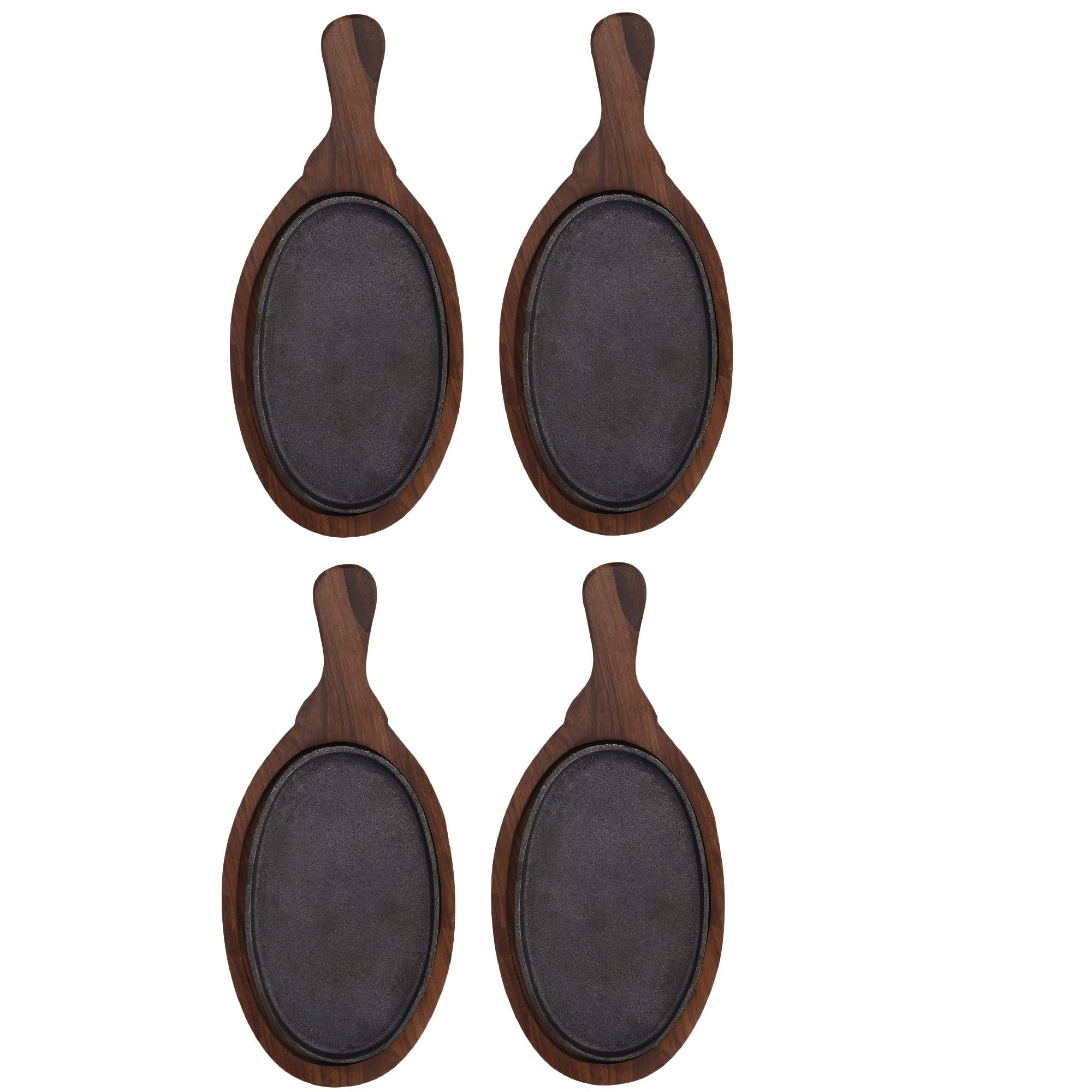 Cast Iron Sizzler Plate with Handle (25 * 16 cm) with Wooden Base (37 * 19 cm) - Set of 4