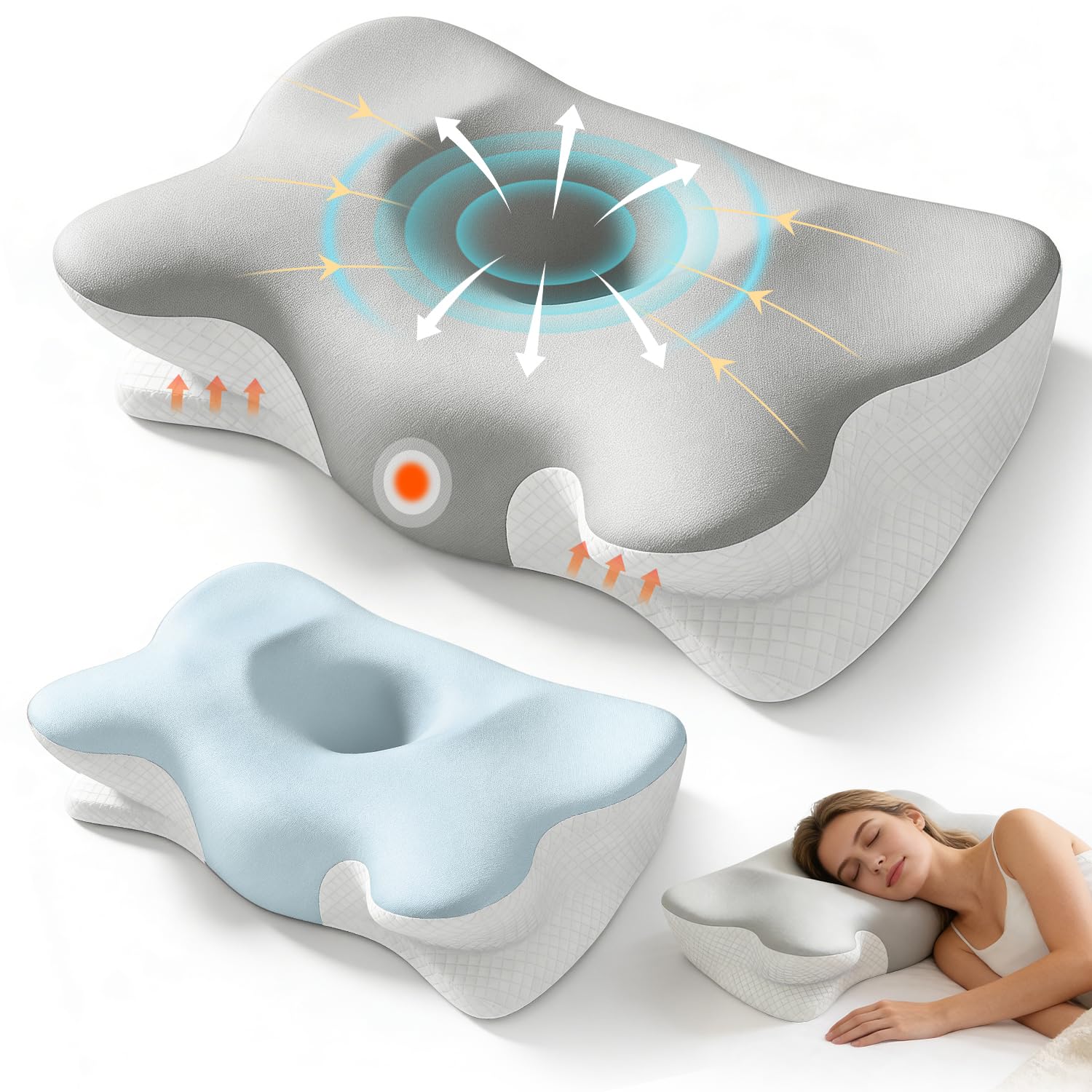 Memory Foam Pillow, Ergonomic Orthopedic Pillow for Neck and Shoulder Pain Relief, 2 Heights Cervical Support Pillow for Side/Back/Stomach Sleepers, Cooling Pillow with 2 Washable Covers(Grey & Blue)
