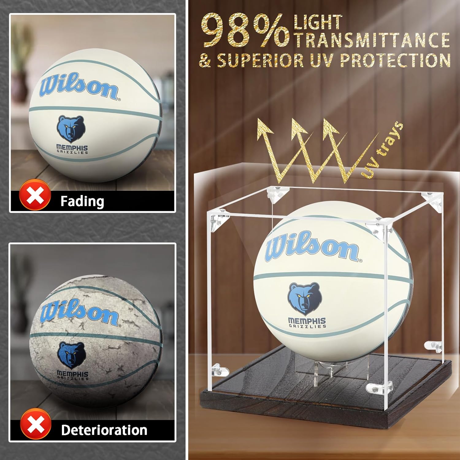 Mini Basketball Display Case with Solid Wood Base, 8-Inch Mini Basketball Display Case for Autographed Mini Basketballs, Memorabilia Display - Sports Collectible Storage for Mini Basketball Collectors