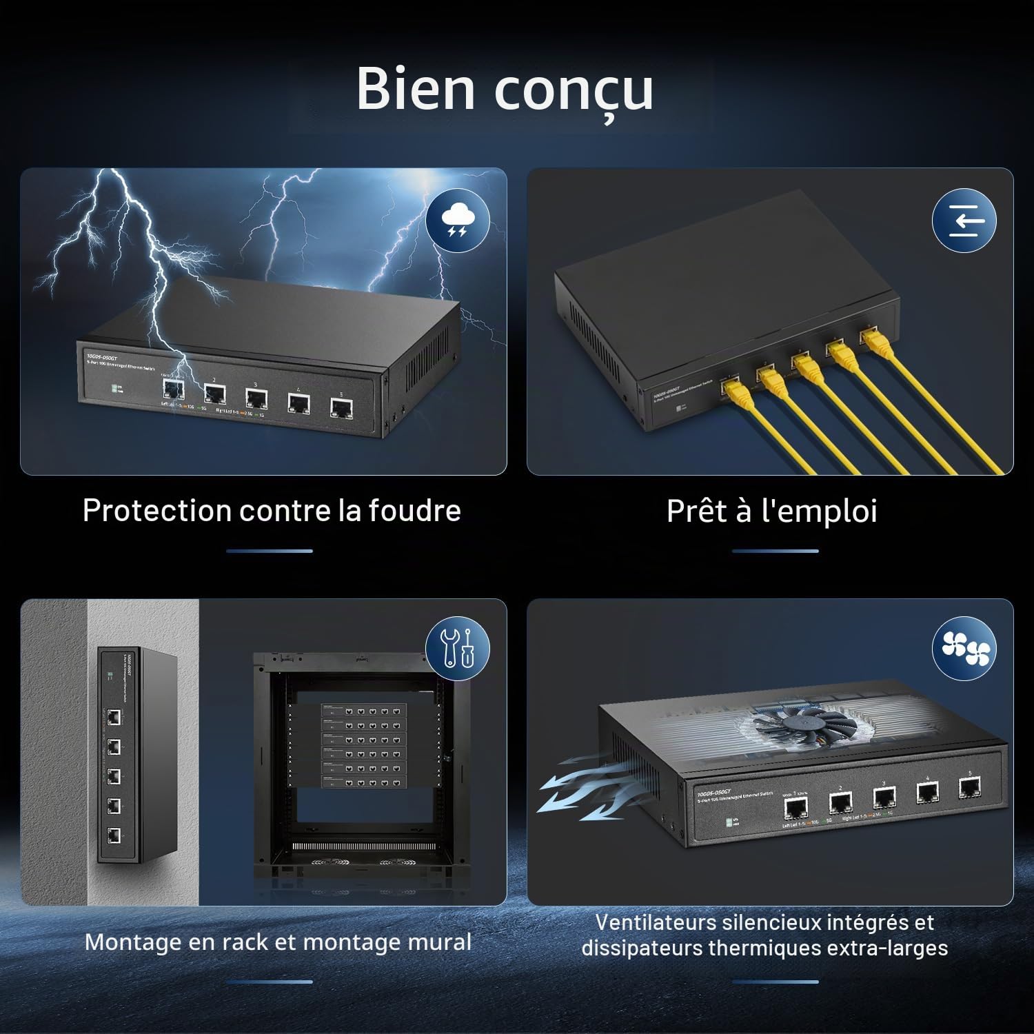 Commutateur non géré 5 ports 10 Gigabit, Ethernet RJ45 5 x 10G, prend en charge 1G/2.5G/5G/10G, bande passante 160 Gbit/s, commutateur réseau Binardat de bureau en métal, pour jeux, NAS, petites