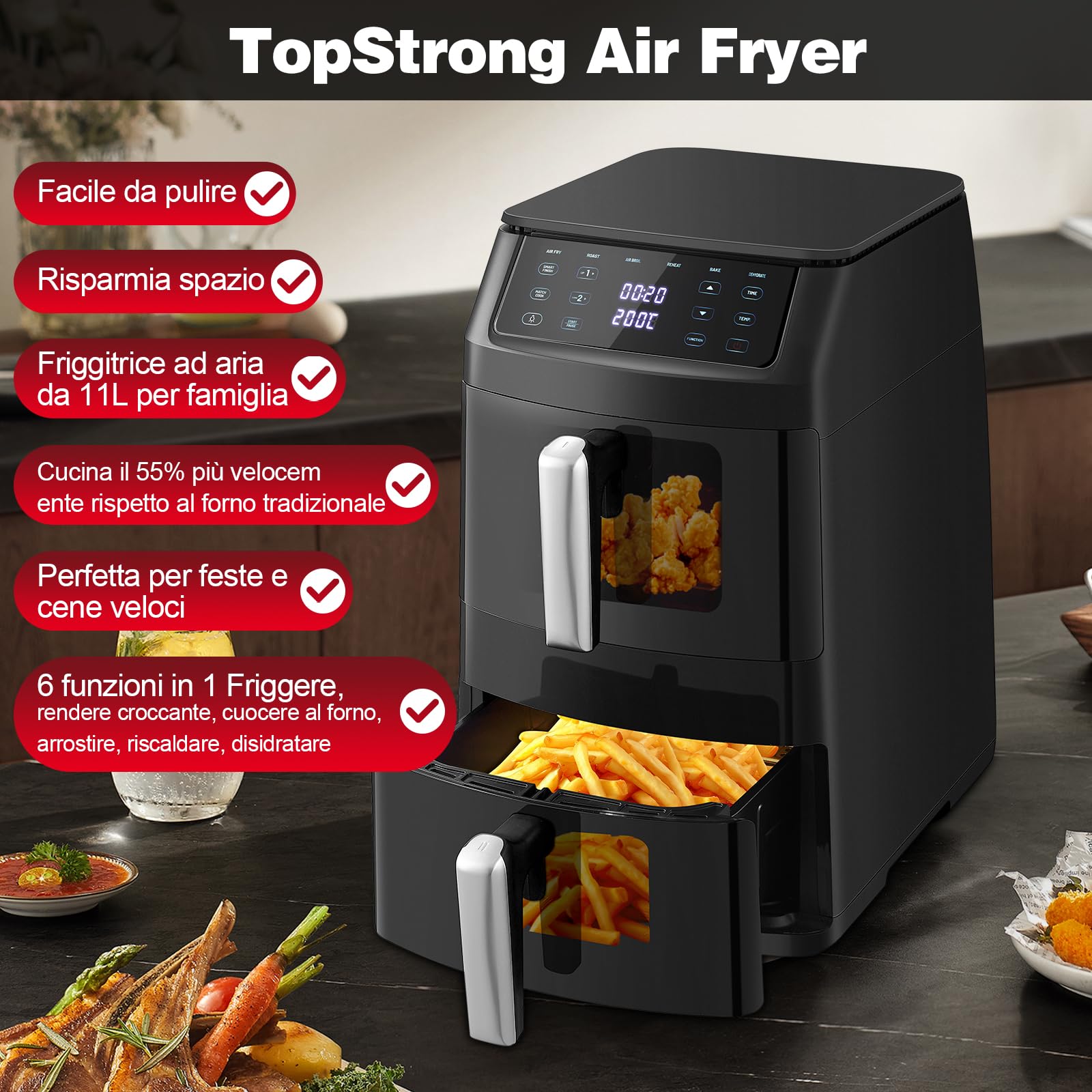 TopStrong Friggitrice ad Aria Doppio Cestello, 11 Litri Air Fryer Verticale 2 Cestelli con Finestra, 40-220℃, 6 Funzioni, Compatta, 2500W, Fino a 8 Persone, Componenti Lavabili in Lavastoviglie