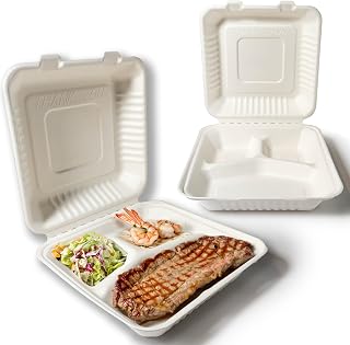 iWarehouse – Disposable Clamshell Takeout Containers, 2 & 3 – Compartments | Made of Sugarcane Fibre | Eco-Friendly | 100% Biodegradable & Compostable | Case of 200PCs | (9x9x3" 200pc)