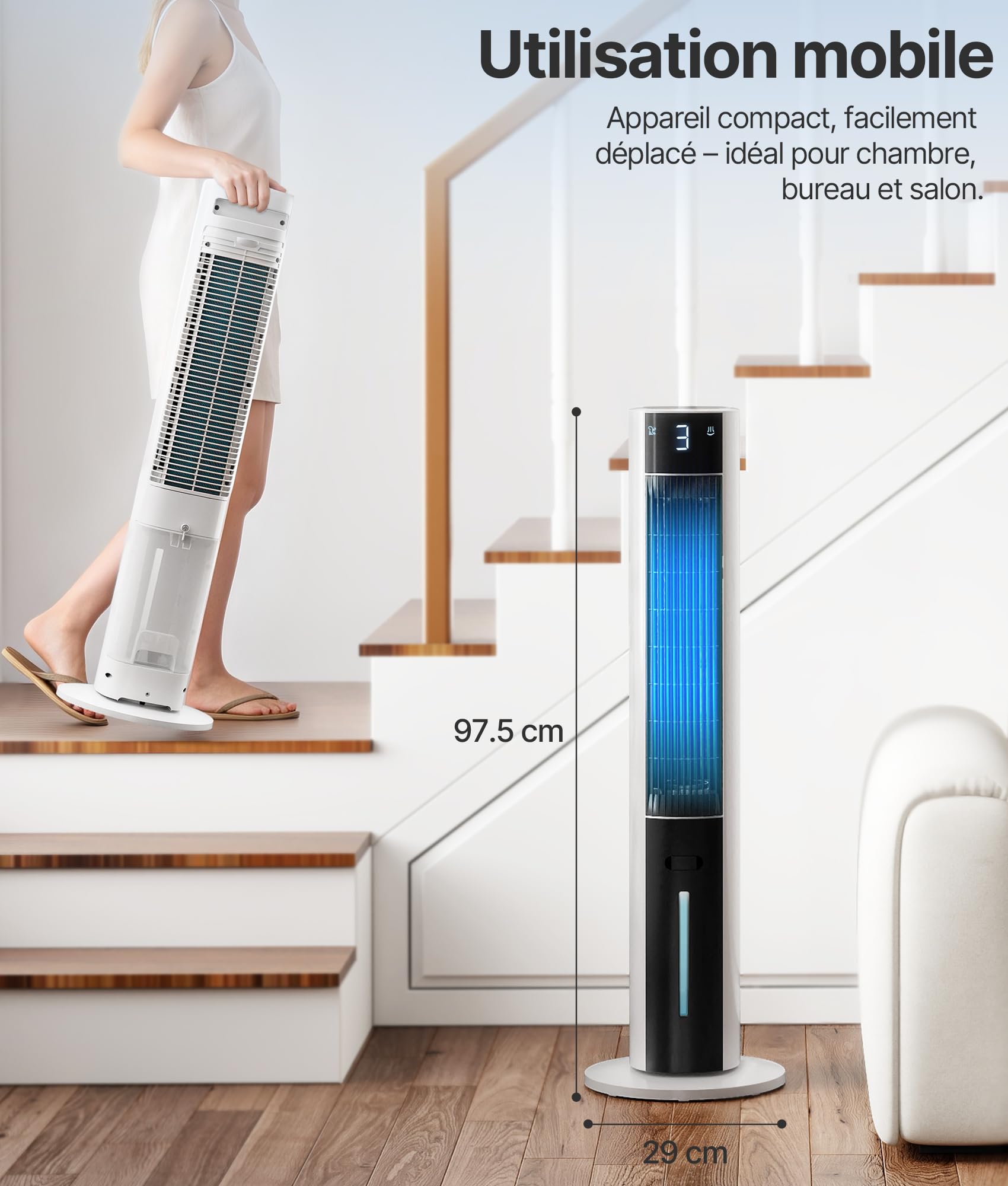 Rafraichisseur d'Air Silencieux- Alternative Auclimatiseur Mobile Sans Évacuation,3 Modes, Oscillation 75°, Minuterie 12H, Télécommande, Fonction Arôme, Blanc