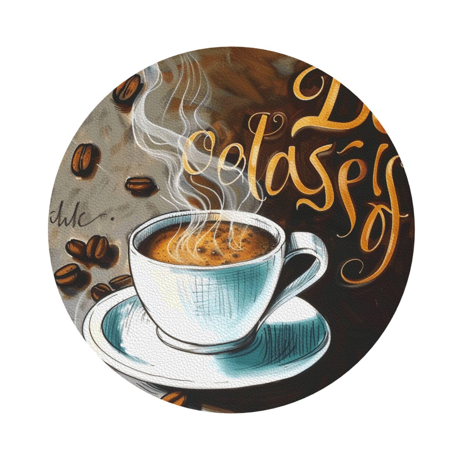 Delicious Coffee Print Leather Coaster Set of 6, Round Shape Coasters Table Decorative Coffee Cup Beverage Coasters Wine Beer Bar Coasters for Hot Drinks Table Protection