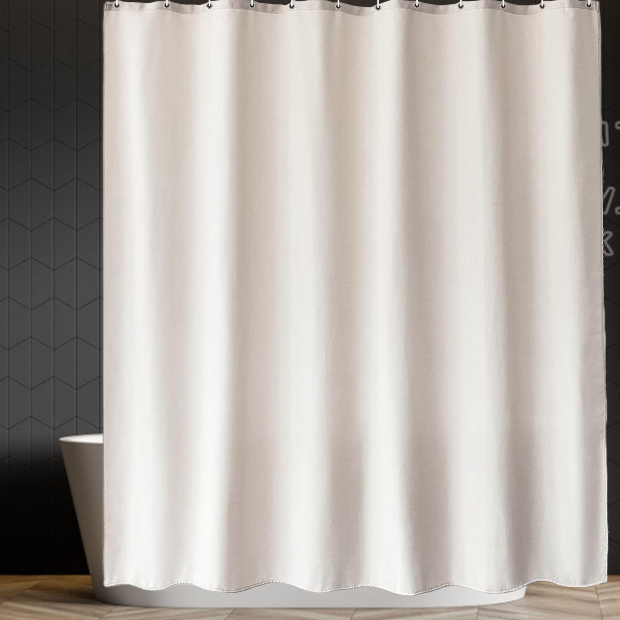 Rideau Douche 110 x 240 cm Tissu Polyester Imperméable et Anti Moisissure Rideau de Douche en Polyester Textile avec Œillets et Crochets pour Baignoire et Salle de Bain, Blanc cassé
