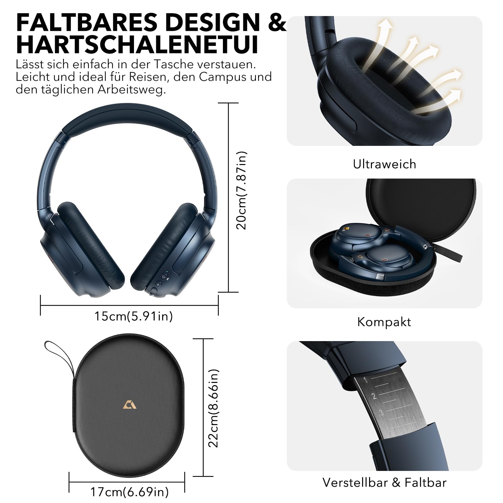 1Mii E700 Kabellose Bluetooth Noise-Cancelling-Over-Ear-Kopfhörer, Indigo | Hybrid ANC, Hi-Res Audio LDAC, Bequem für Pendler & Vielreisende, aptX Low Latency für TV, Büro, Home office & Flugzeug