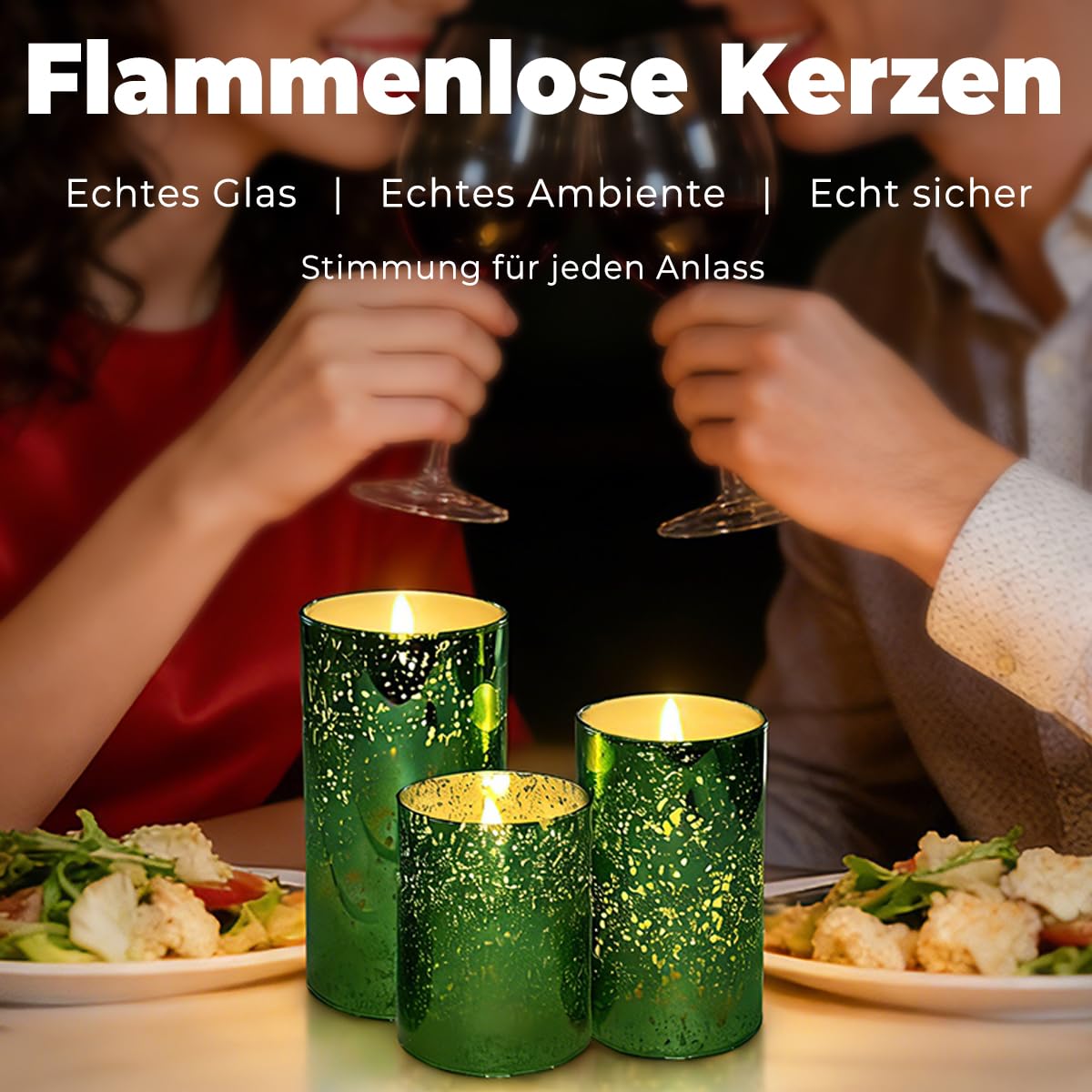 Candele a LED con funzione timer e telecomando, candele in vera cera ricaricabili USB, set da 3 pezzi, verde, fiamma tremolante, 55-100 ore, durata per Natale, camera da letto