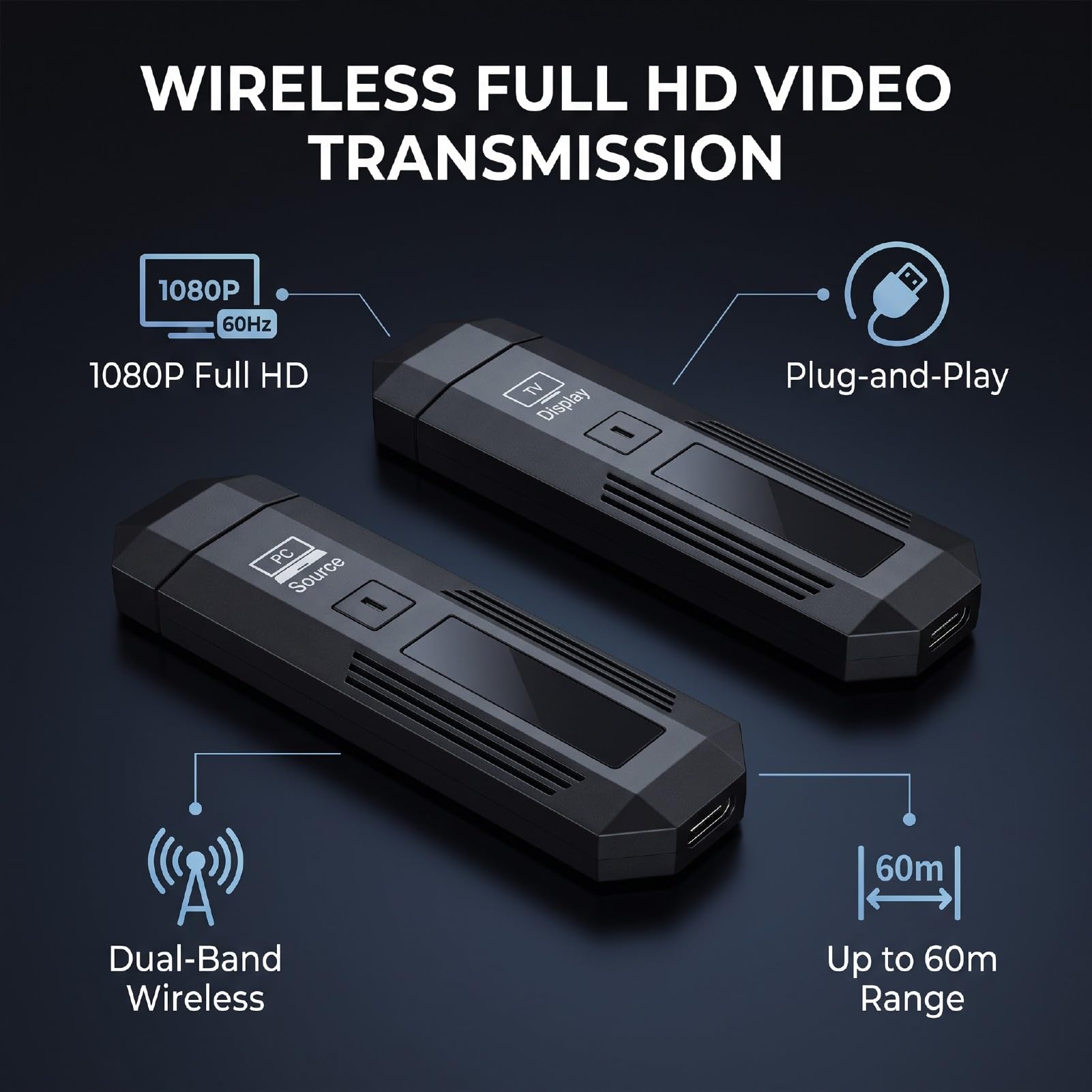 Ricevitore Trasmettitore Video Wireless 1080P 60Hz 50m per Interni | 1080P 60 Hz, Alloggiamento in ABS, compatibilità TV Box per PC Laptop, Sale Riunioni, Giochi Home Theater, Adattatore Display