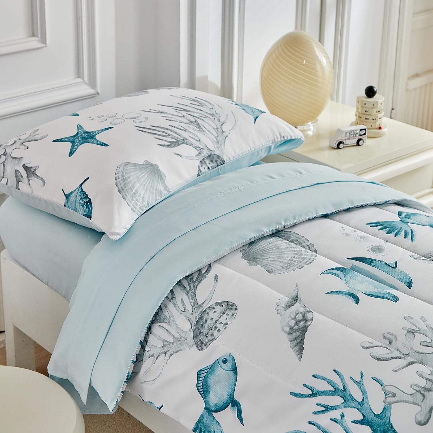 White Toddler Bedding Set for Boys Girls Water Blue Colorful Ocean Starfish Shell Aquatic Plant 4PC Toddler Bed Set - Soft Blue Cute Toddler White Bed in a Bag with Sheet Set and Pillow Shams