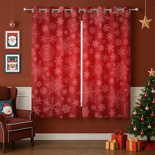 Miniatura 33 de Cortinas opacas de Navidad para niñas y niños, decoración del hogar, decoración navideña, árbol de acebo, estrella, Navidad, ojales, cortinas con