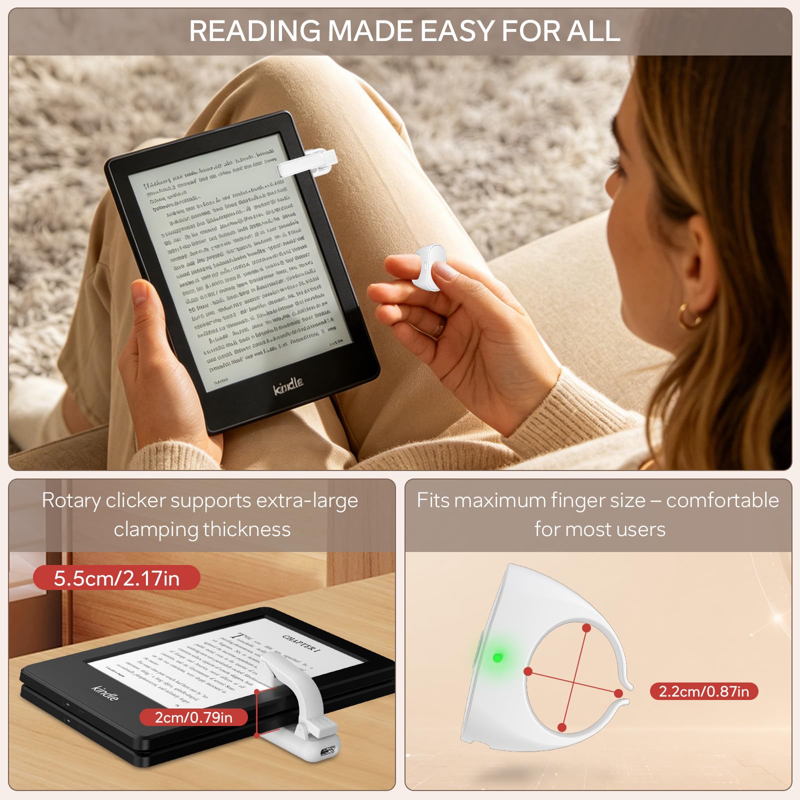 Anello per girare pagine con telecomando per Kindle Paperwhite, Oasis, Scribe, Kobo, eReader, telecomando per fotocamera, progettato per cover spessa, clicker per iPad e tablet, lettura romanzi
