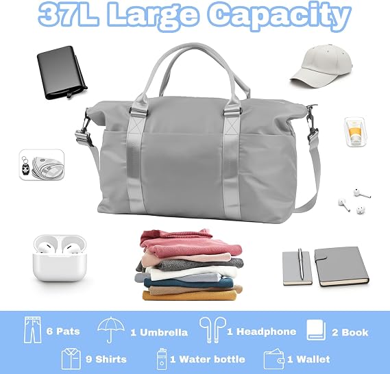 Weekender Duffel Bags for Women, Travel Totes Bag for Airplane Essentials, Overnight Bags for Women with Trolley Sleeve, Misty Grey, 27x55x18 cm / 10.63x21.65x7.09 inches, Travel Bag
