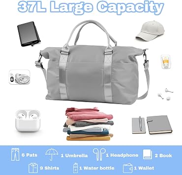 Weekender Duffel Bags for Women, Travel Totes Bag for Airplane Essentials, Overnight Bags for Women with Trolley Sleeve, Misty Grey, 27x55x18 cm / 10.63x21.65x7.09 inches, Travel Bag
