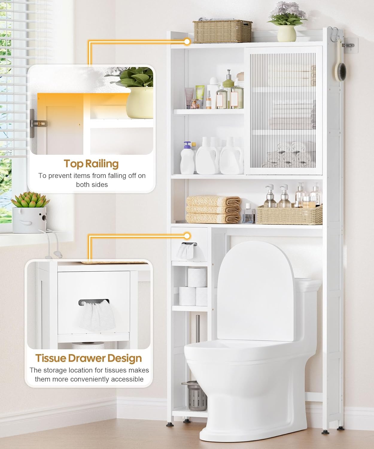 Cozivolife Over The Toilet Storage Cabinet with Acrylic Door Panel and Paper Towel Drawer, Bamboo Space Saver Shelf, Bathroom Organizer Rack Above WC (Without Power Strip, White)