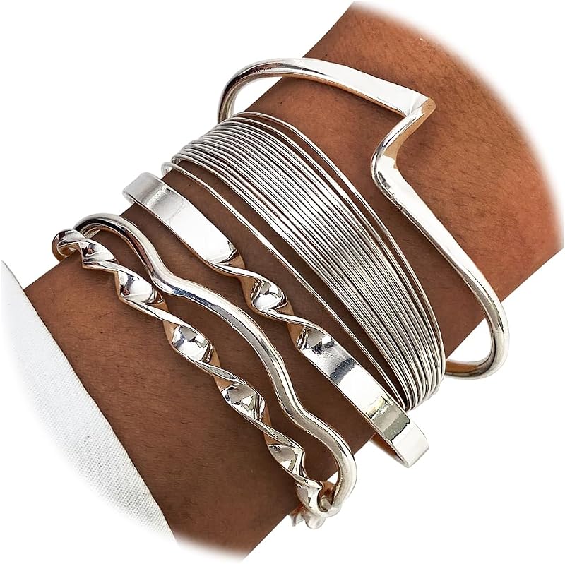 17IF 5/6/7 Pcs Silver Stackable Bangle Bracelet for Women, Silver Plated | Multilayer Charm Textured Love Bracelets Lightning Bangles Indian Chunky Cuff Fashion Jewelry Gift Party Everyday Outfits