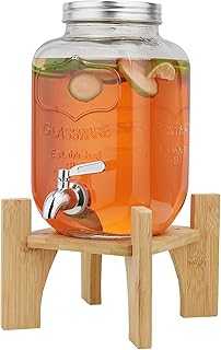 4L Getränkespender mit Ständer, Getränkespender aus Glas mit Zapfhahn aus massivem Edelstahl (4L-Glas mit Ständer aus Bambus), Recommended use temperature≦45°C