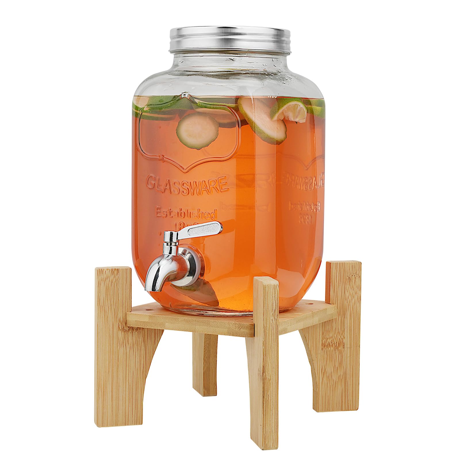 Hiziwimi 4L Glass Beverage Dispenser with Tap, Glass Drink Dispenser with Bamboo Stand, Cover Wide Mouth Iced Drink Jar with Tap, for Juice Water Homemade Tea Drinks, Suggested use Temperature≦45℃