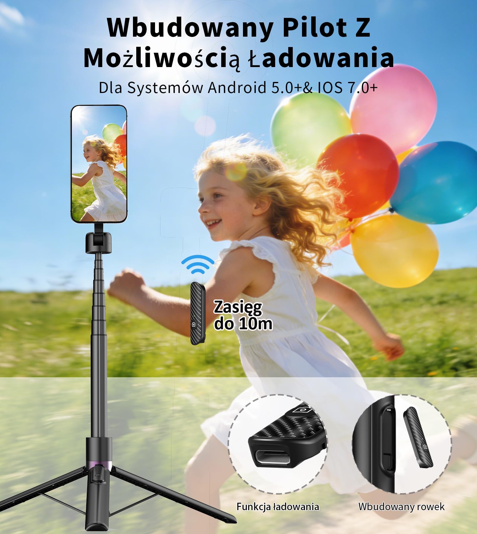 TONEOF 173cm Magnetyczny statyw do selfie, mocny magnetyczny uchwyt aluminiowy do Magsafe, obrót o 360°, wysuwany statyw z pilotem, przenośny statyw do telefonu komórkowego–Czarny Fioletowy
