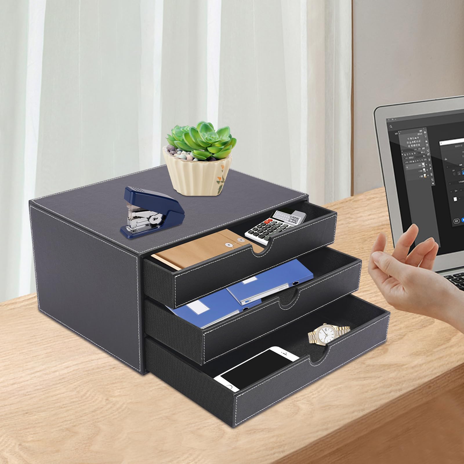 Scatola di archiviazione per documenti in pelle PU a 3 livelli per ufficio domestico Porta documenti A4 con cassetti Sistema di archiviazione nero per spazio di lavoro