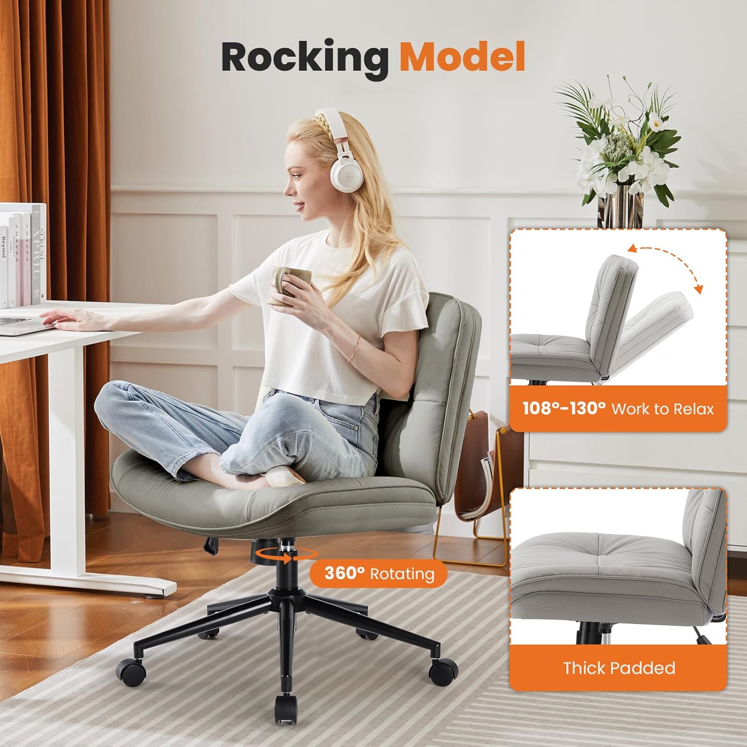 Sweetcrispy Armless-Office Desk Chair with Wheels, Cross Legged Wide Chair, PU Leather Comfortable Adjustable Swivel Computer Task Chairs for Home,Office,Make Up,Small Space,Bed Room Grey