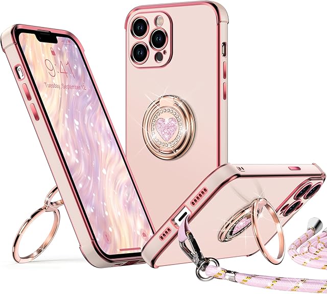 XYZ for iPhone 13 Pro Max Case with Stand, Double Ring Holder Case Heart with Lanyard for Girls Women, Luxury Cute Bling Protective Phone Cover Case for iPhone 13 Pro Max, Pink