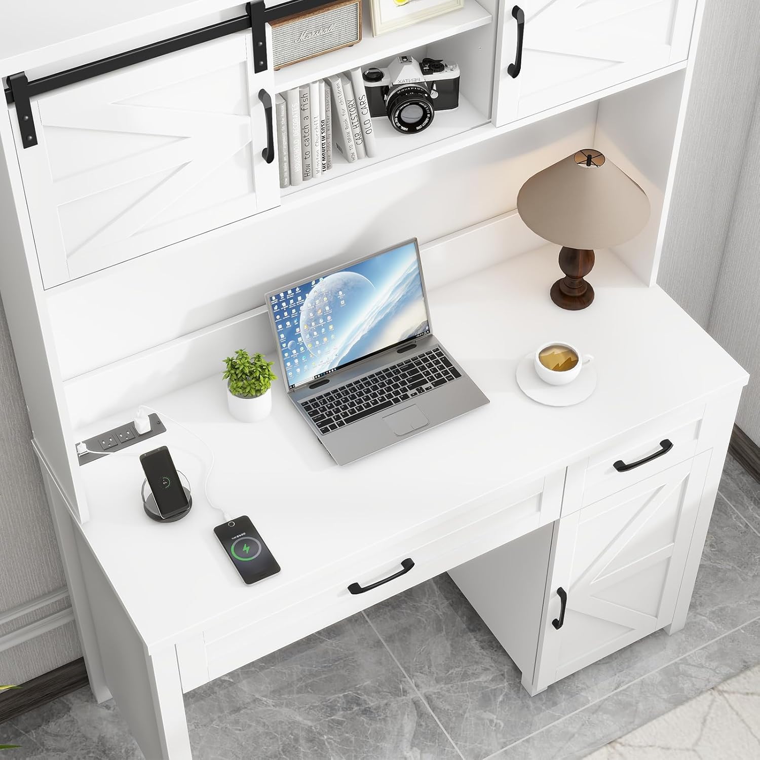 Halitaa Farmhouse 47" Executive Computer Desk with 2 Drawers and Storage Cabinet, Home Office Desk with Hutch and Charging Station, Workspace for Work and Study (Cream White).