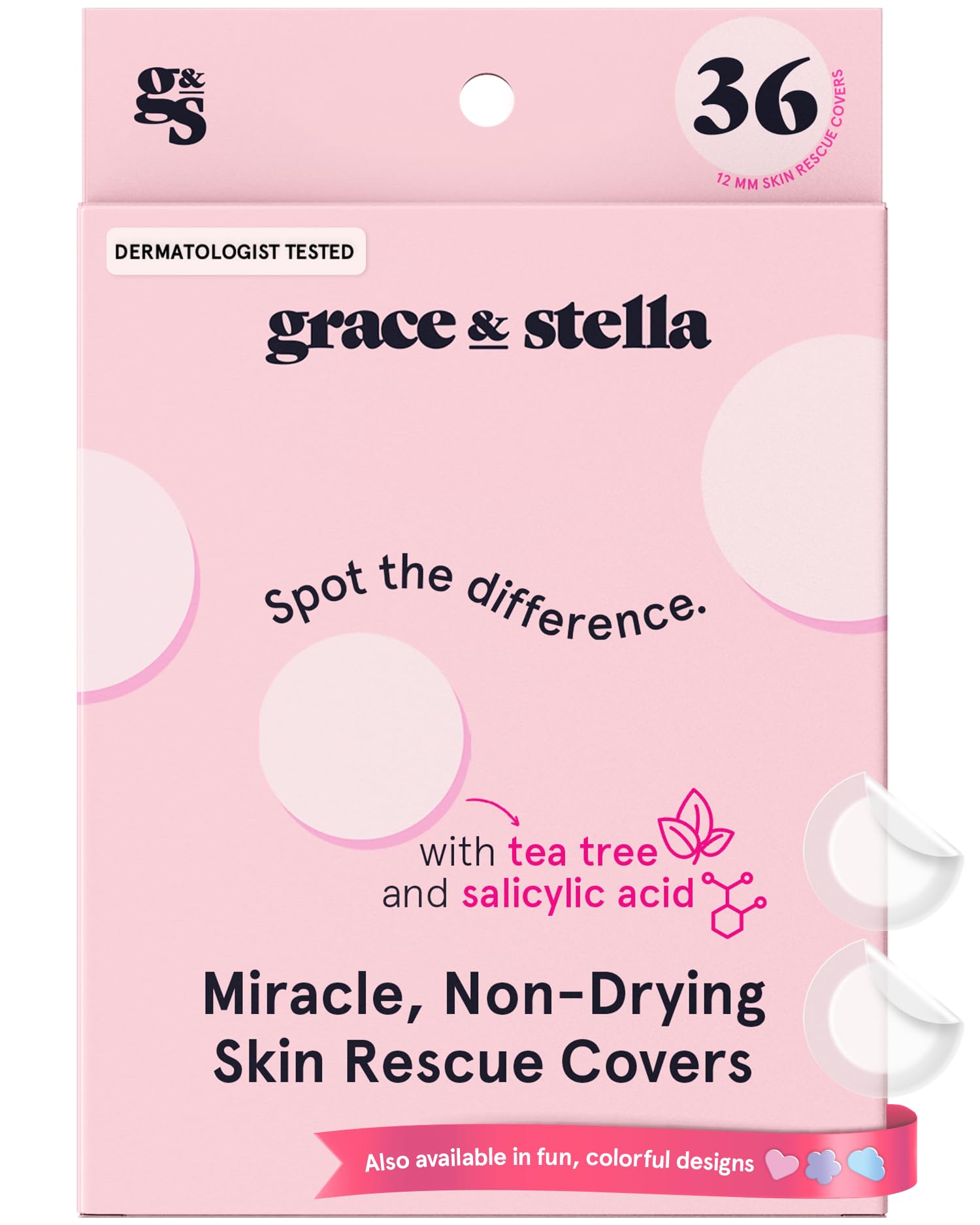 grace & stella Award Winning Invisible Skin Rescue Covers with Hydrocolloid (Round, 36 Count) - With Salicylic Acid and Tea Tree for Absorbing Impurities - Dermatologist Tested Skin Care, Cruelty Free, Vegan