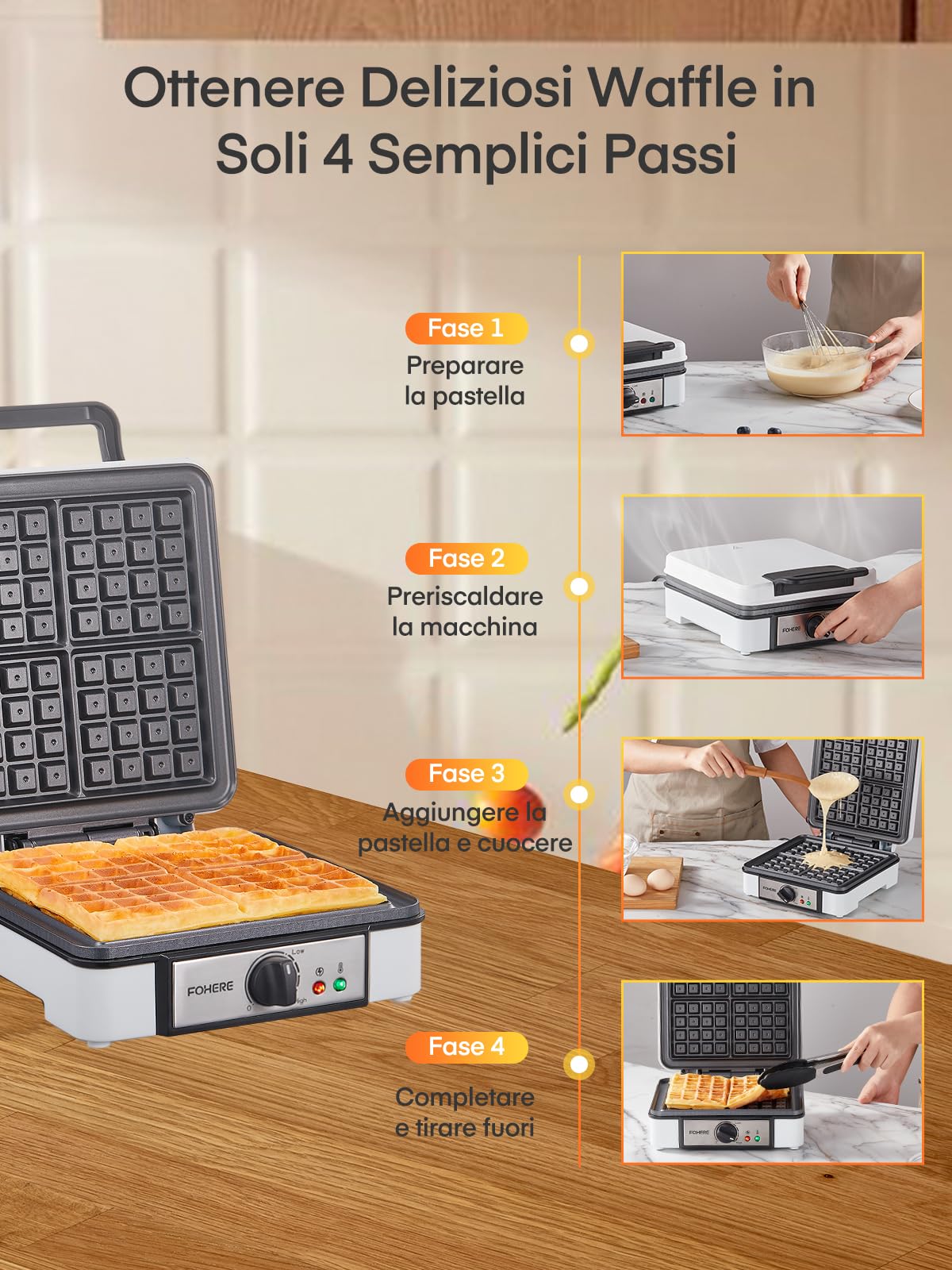 FOHERE Piastra per Waffle Belga, Macchina per Waffle Quadrato, Antiaderente a 4 Fette, Rivestimento Antiaderente, 5 Pulsanti di Doratura Indicatori Luminosi, 1200W Waffle Maker