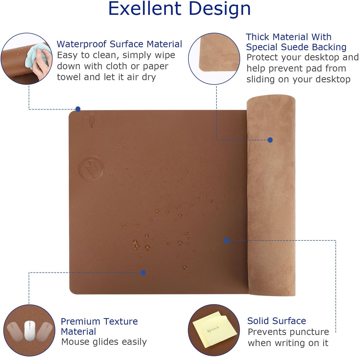 EYStech™ Desk Pad with Wireless Charger, Leather, Waterproof, Anti-Slip Wool Felt Base Material, Office Table Mat, Fast Charging Gaming Mouse Pad, 32”(L) x 16”(W), Brown (Left Side Charging Port)