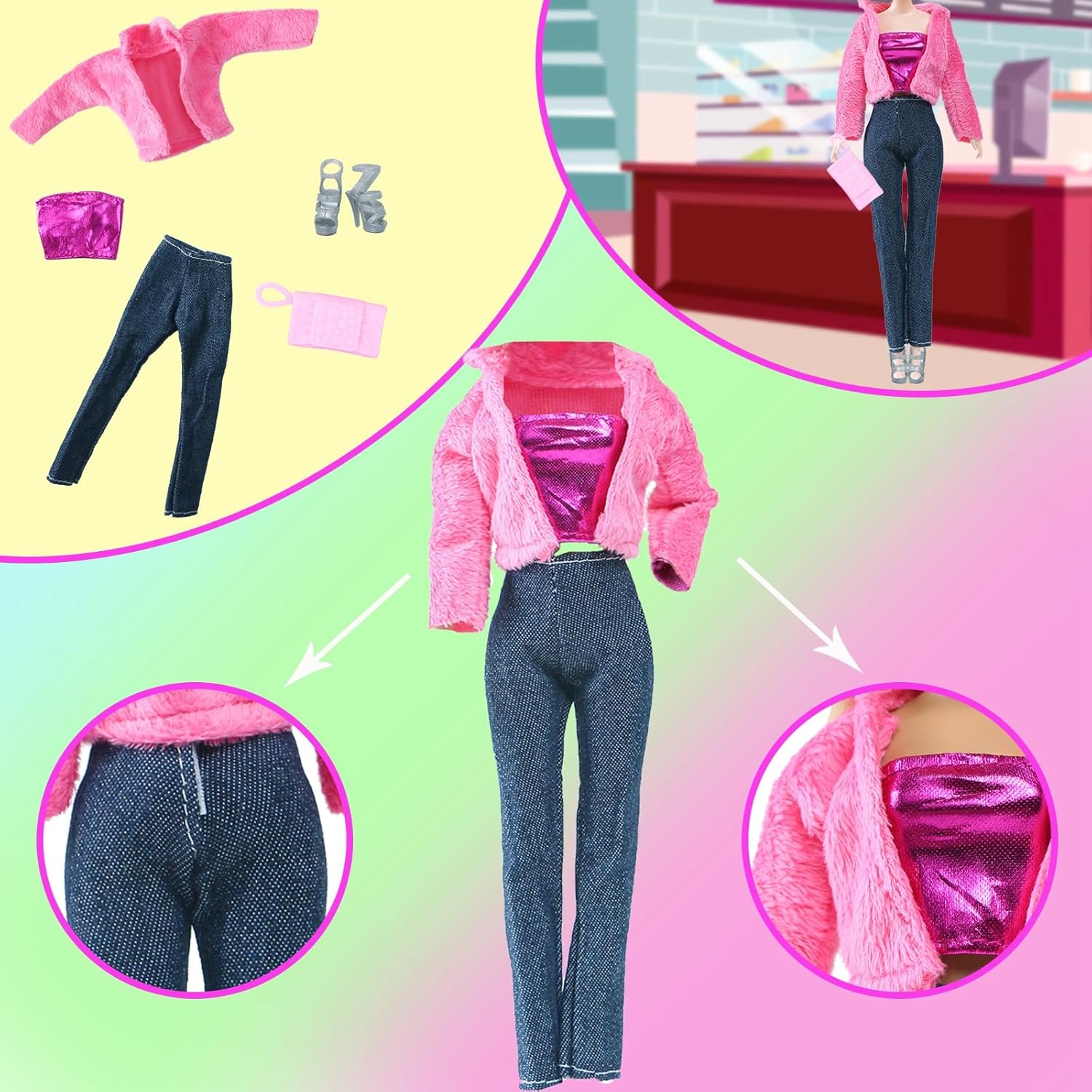 10Pcs Doll Clothes & Accessories Including 4 Sets Casual Doll Clothing, Skirt, Long Dress, Top and Pant Outfits with 4 Pair of Shoes 2 Handbags for 11.5 inch Girl Doll Theme Set