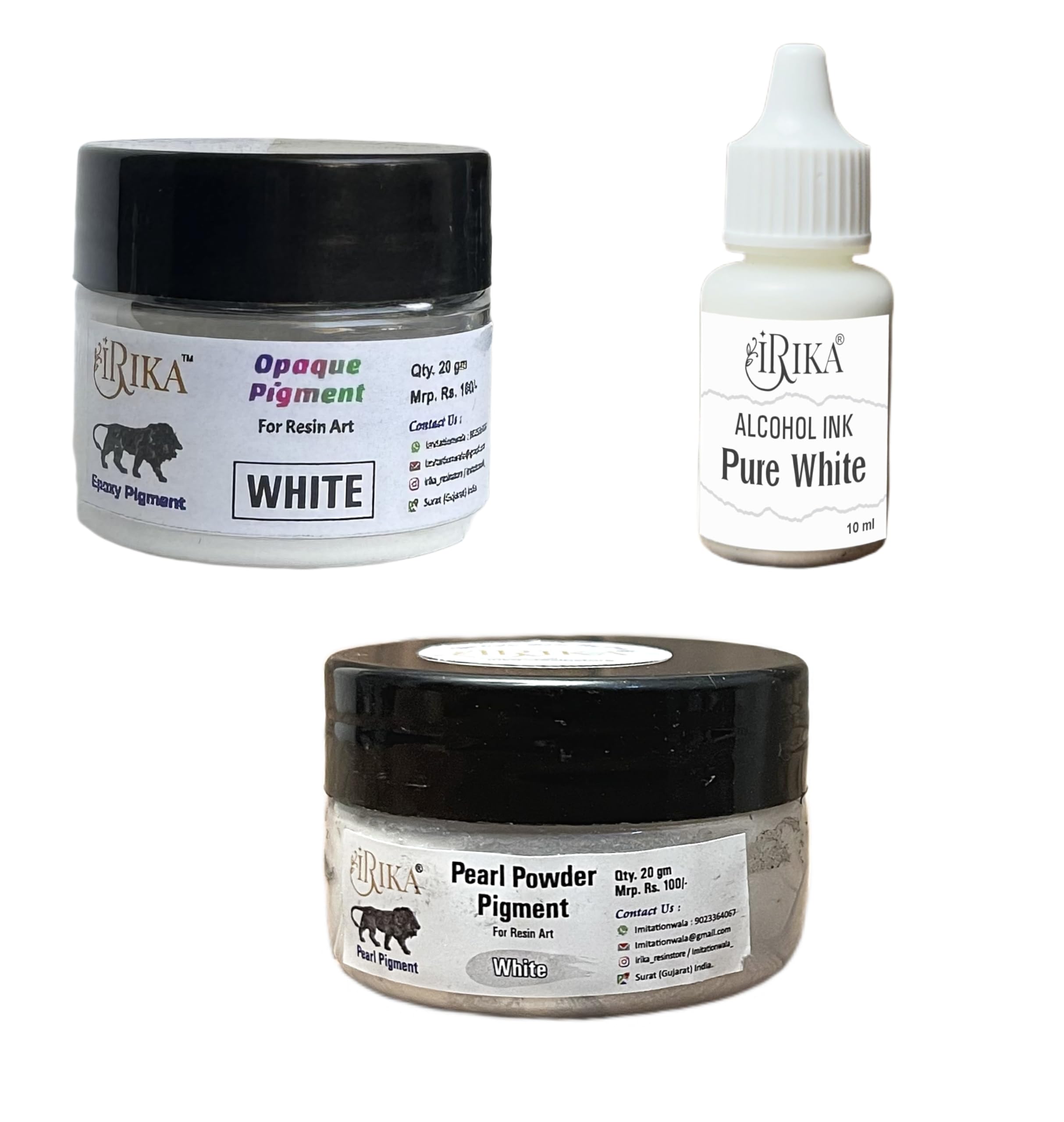 Combo Pack of White Pigments for Resin Art and Craft - 20g White Pearl Pigment, 20g White Opaque Pigment, 10ml White Alcohol Ink - Non-Toxic, High Gloss-image-47