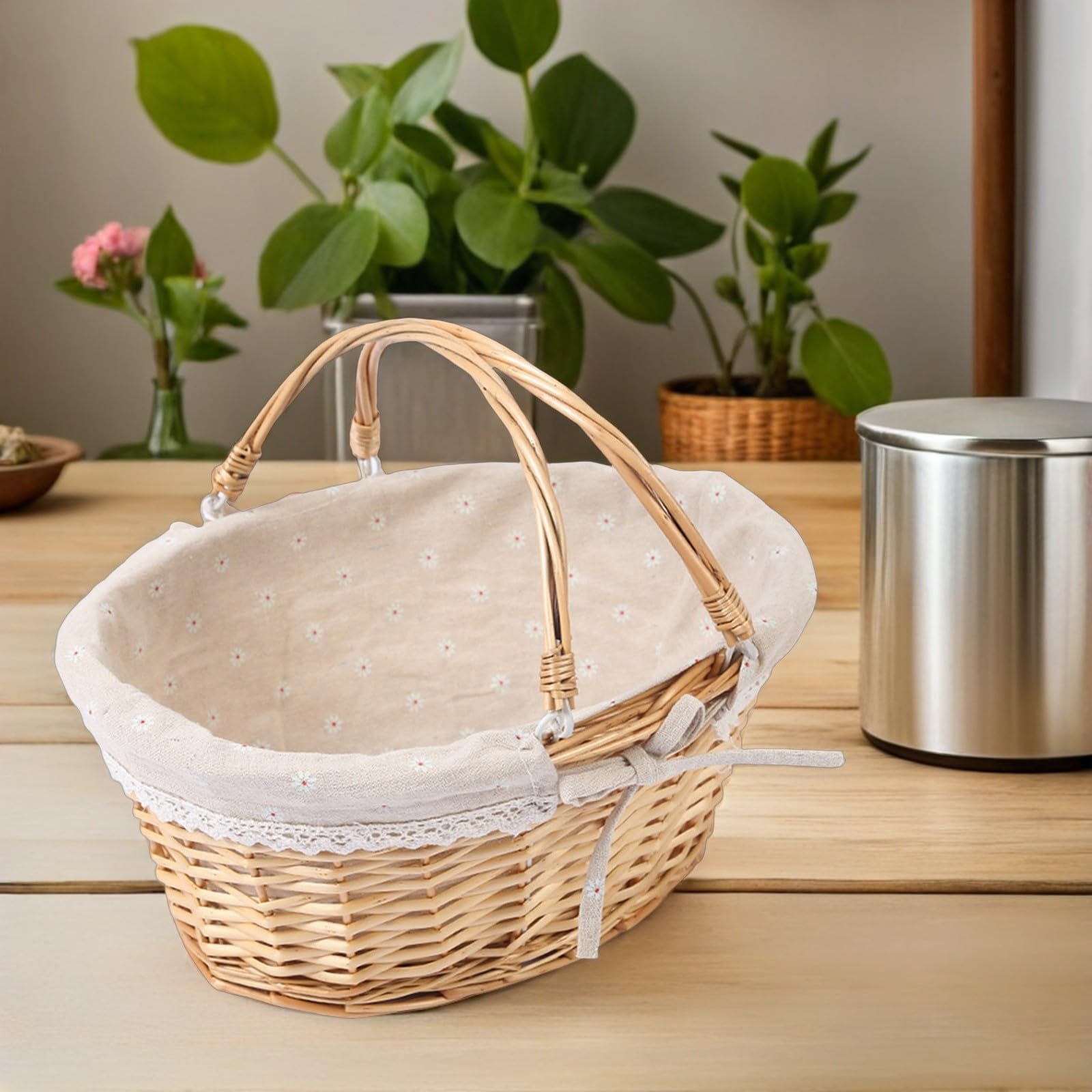Handgeflochtener Weidenkorb mit Henkel und Futter Blumenkorb für Hochzeiten und Partys Vielseitiger Aufbewahrungskorb in Khaki für Picknick und Dekoration