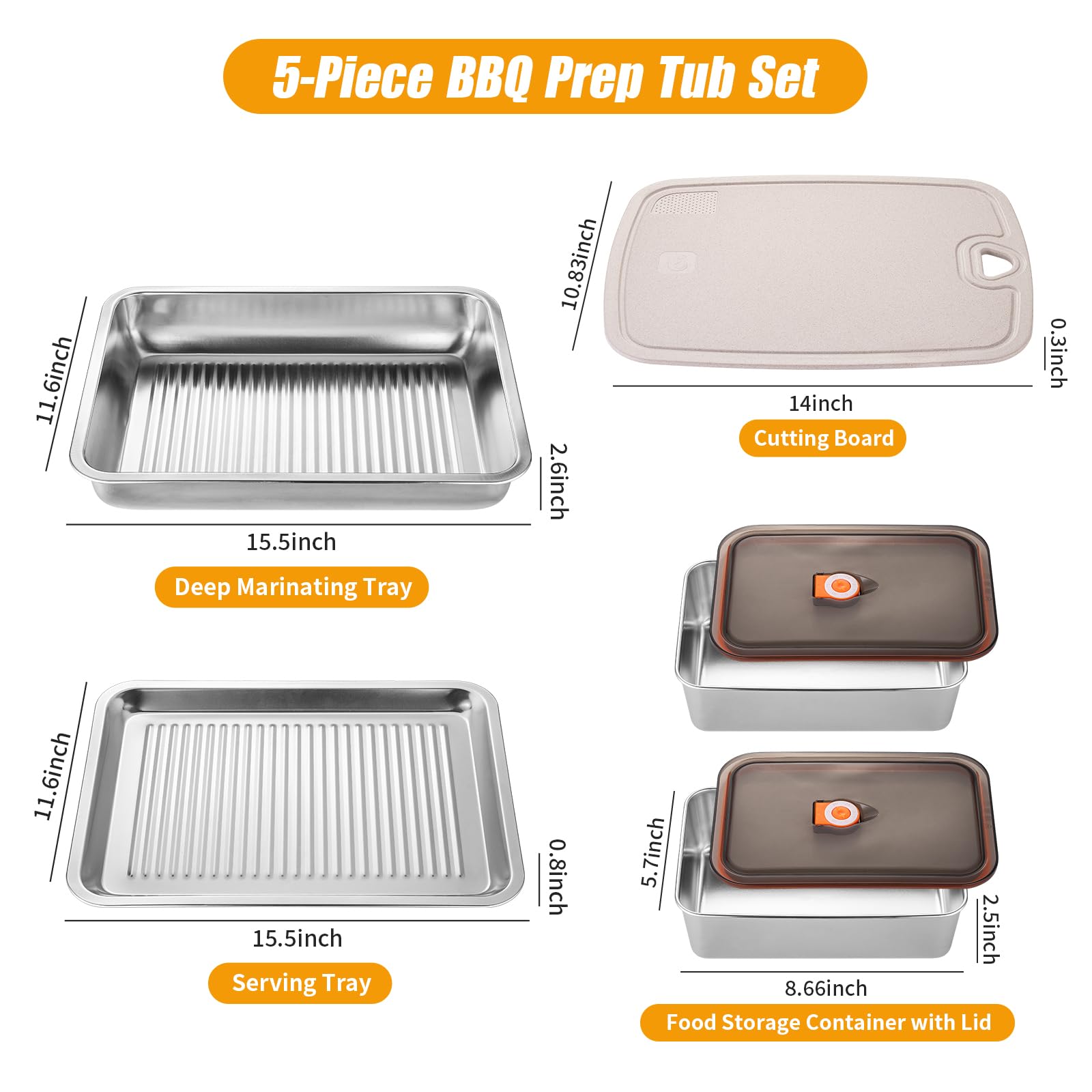 5 in 1 Grill Tragesystem, Drip EZ BBQ und Meal Prep Tub, Fleischplatte zum Servieren, Grill Prep Tray mit Schneidebrett für Outdoor Grill, Marinierbehälter mit Deckel, Edelstahl