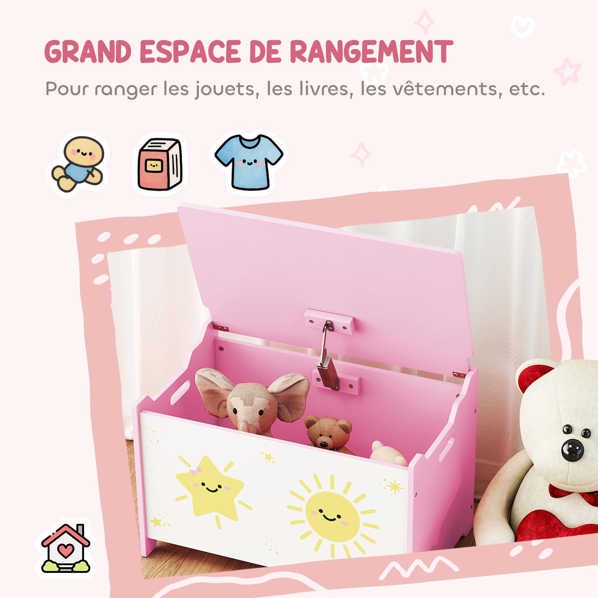 AIYAPLAY Coffre à jouets avec couvercle, coffre de rangement enfant avec charnières de sécurité, pour salon, salle de jeux, chambre d'enfant, rose