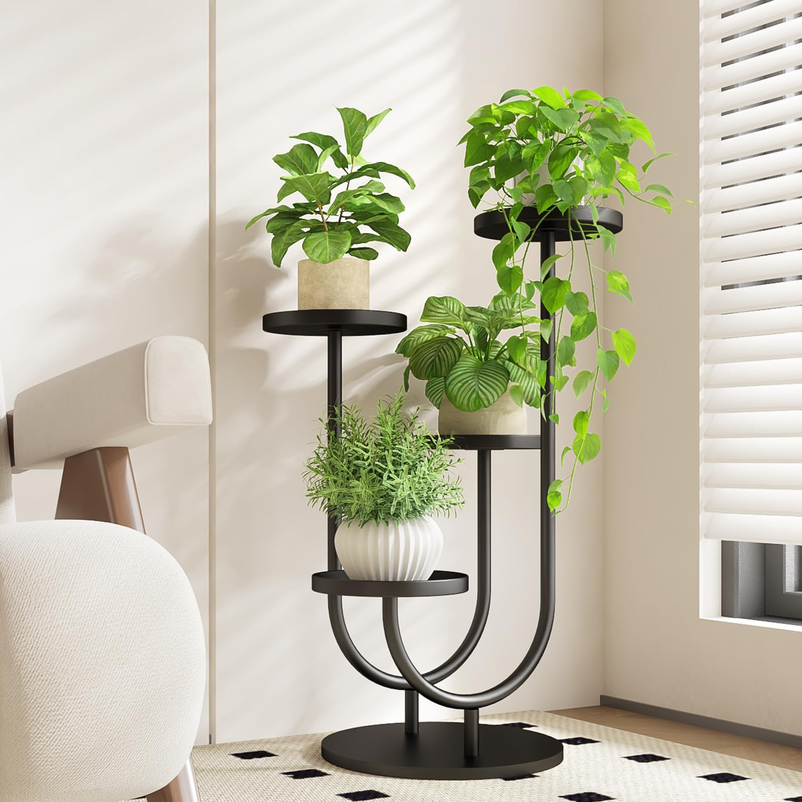 Bamworld Tall Plant Stand Indoor Outdoor, Corner Metal Plant Shelf for Multiple Plants, 4 Potted Flower Pot Holder Display Stand for Patio Garden Balcony Living Room Bedroom?Black?