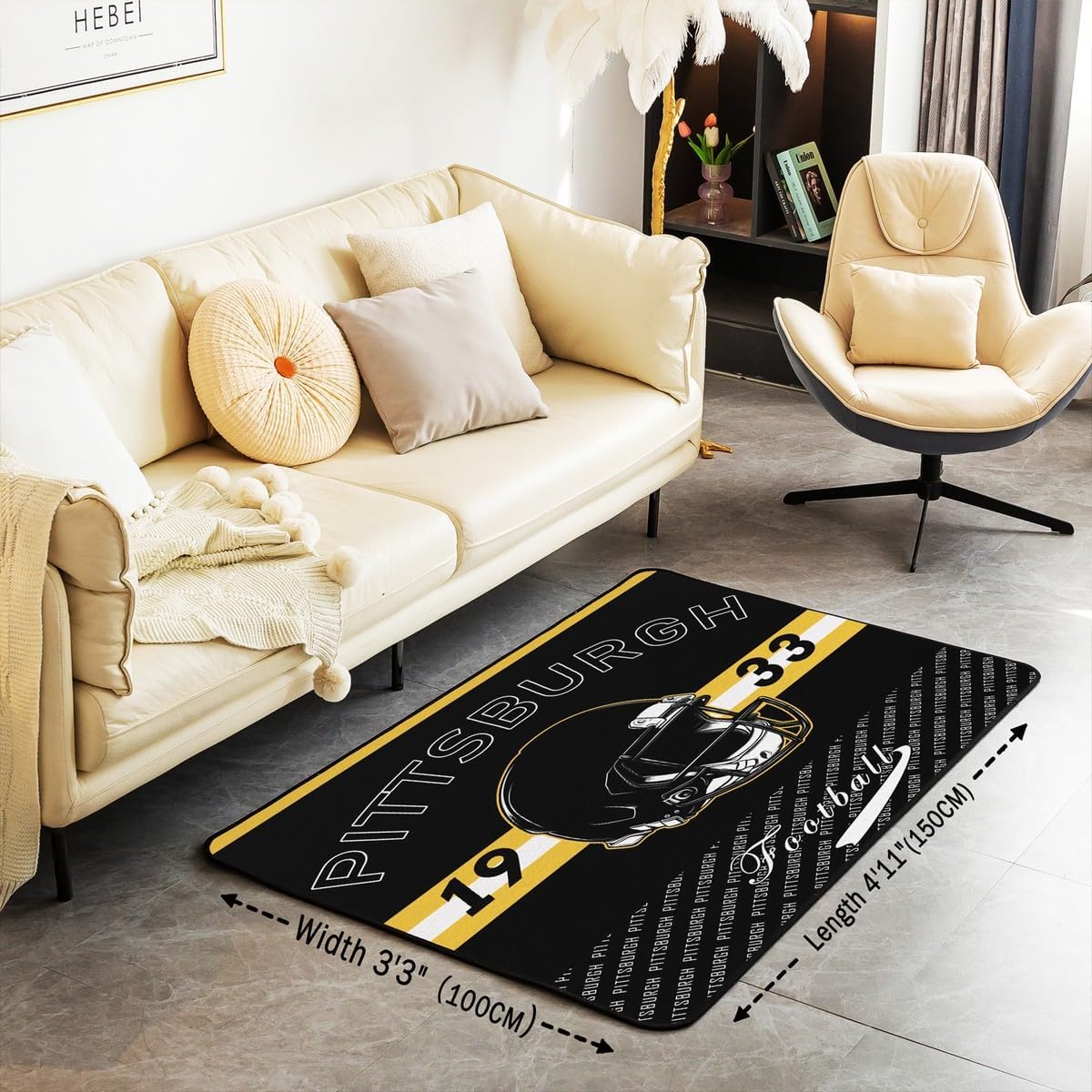 Feelyou Football Area Rug 3x5 Polyester Pittsburgh Living Room Rugs for Bedroom Football City Decor Carpet Sports Games Indoor Floor Mat Soft Non-Slip