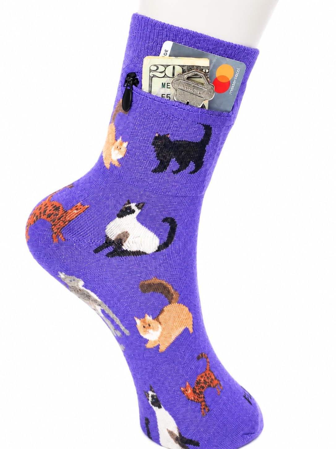 Zipper Sock Wallet - Cotton &amp; Polyester Zipper Socks with Pockets - Fits shoe size 6-13