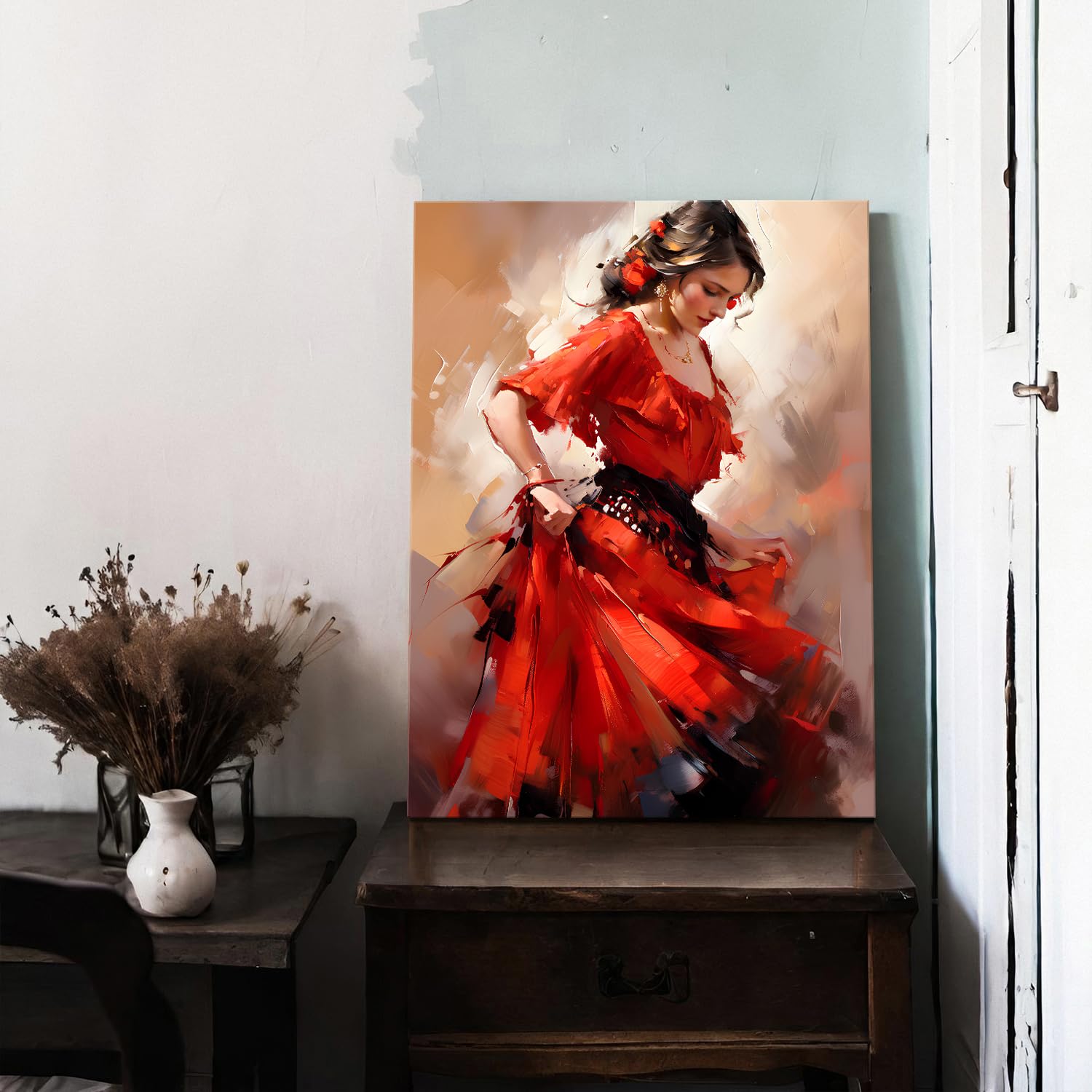 Red Dress Dancing Girl Wall Art Flamenco Dancer Wall Pictures for Living Room Beautiful Spanish Dancer Canvas Prints Female Dancers Painting Artwork for Bedroom Hallway Home Decorations 30x40cm - Image 2