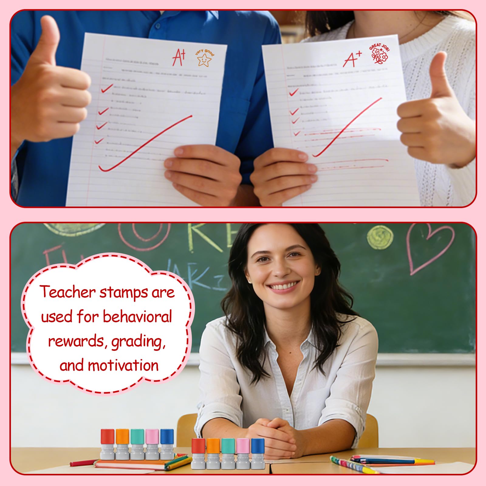 10 sigilli rotondi autoinchiostranti per insegnanti, simpatici e incoraggianti, timbri in gomma, per compiti, scuola, ufficio, cancelleria (senza inchiostro)