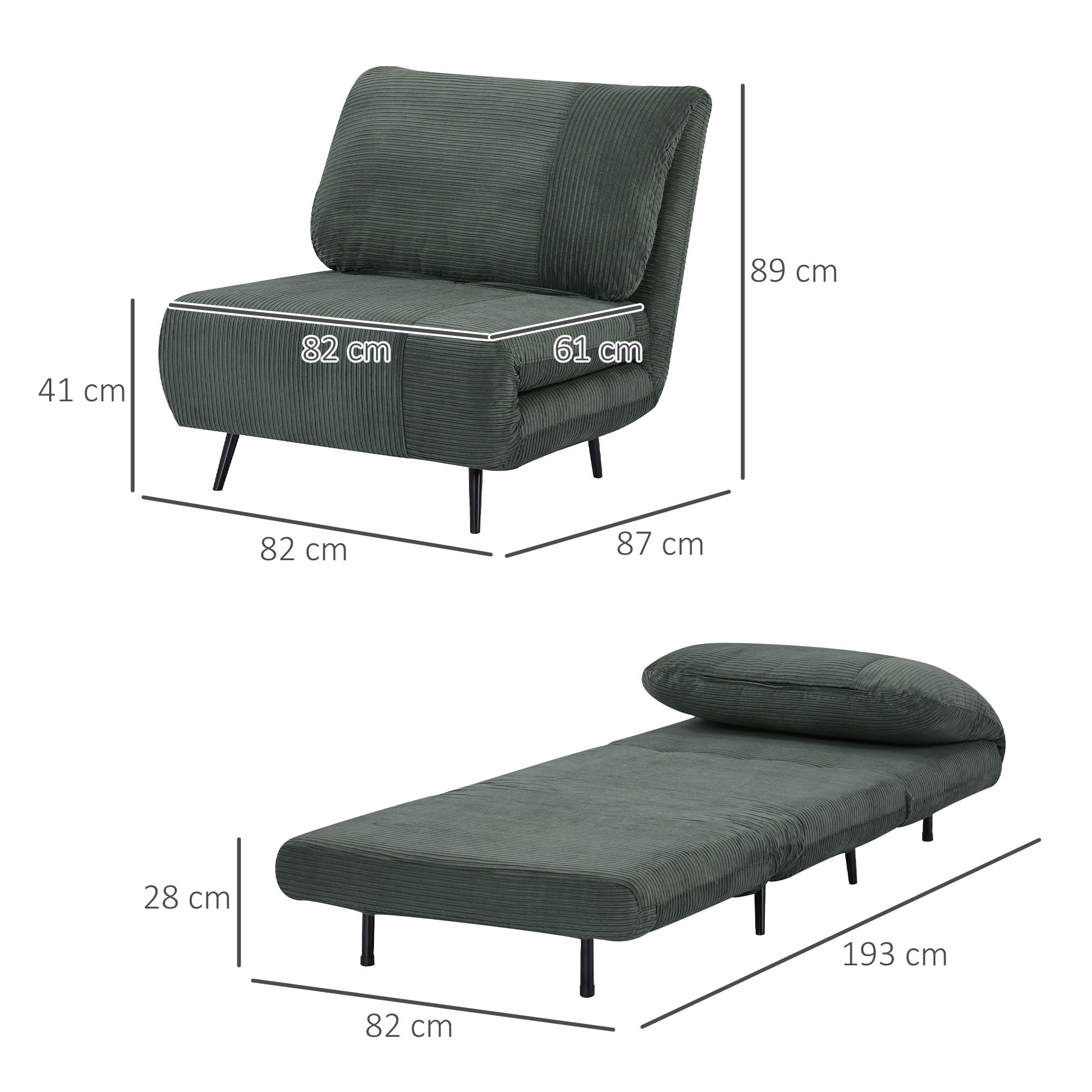 HOMCOM Poltrona Letto 2 in 1 Singola Regolabile su 3 Livelli con Seduta Extra-Large e Imbottita in Gommapiuma, Struttura in Legno, Acciaio ed Effetto Velluto Verde