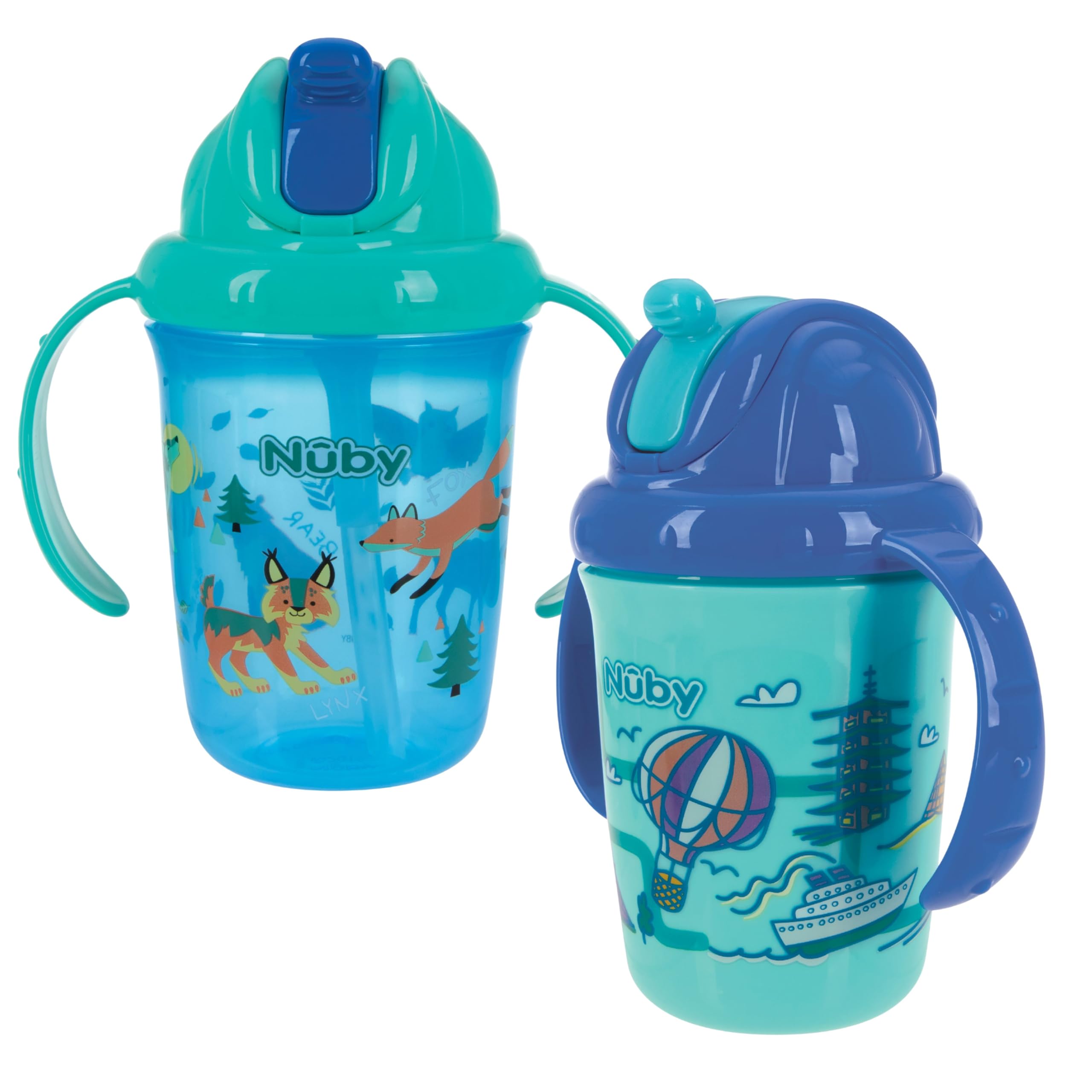 Nuby No-Spill Trainer Soft Straw Two Handle Cup | Flip-n Sip | 2 Pack: Blue Animals & Cars, Aqua Travel & Pink Animals or Ocean | 8oz/ 240 ml | 12+