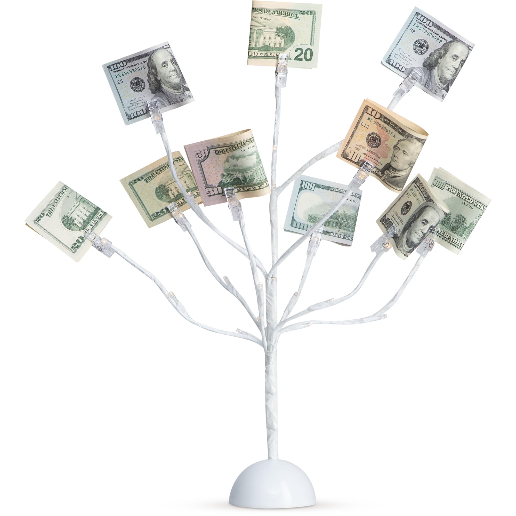 CraftyCrocodile LED Gift Card Tree Holder - Metal Display Stand with 10 Flexible Clips for Photos, Money, Lottery Tickets, Cards & Notes - 25 Warm Lights