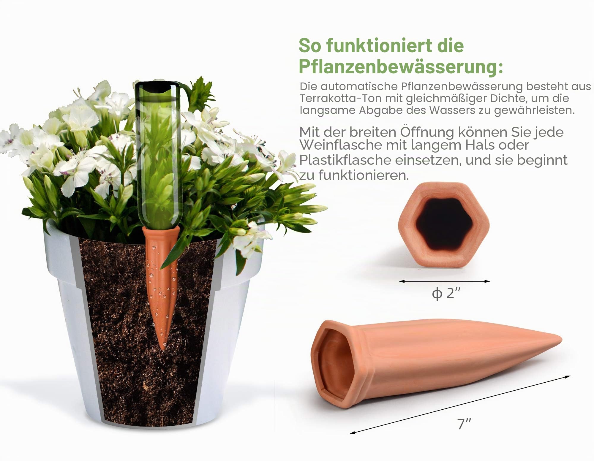 B SEPOR 6er-Set Keramik XL-Bewässerungs-Tonkegel für Glas- und PET-Flaschen, Terrakotta Pflanzenbewässerungsgeräte für den Urlaub