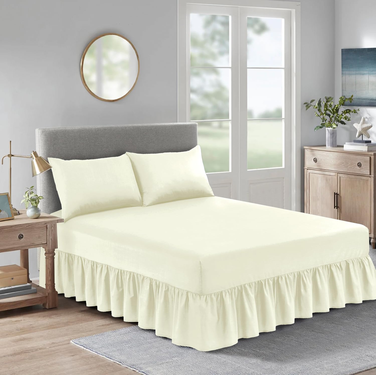 HADI LONDON Valance Fitted Sheet –Deep Pocket, Breathable Soft & Wrinkle-Free Fitted Bed Skirt with Pleated Design – Polycotton, Easy Fit valance sheet for Single Double King Beds (CREAM, Single)
