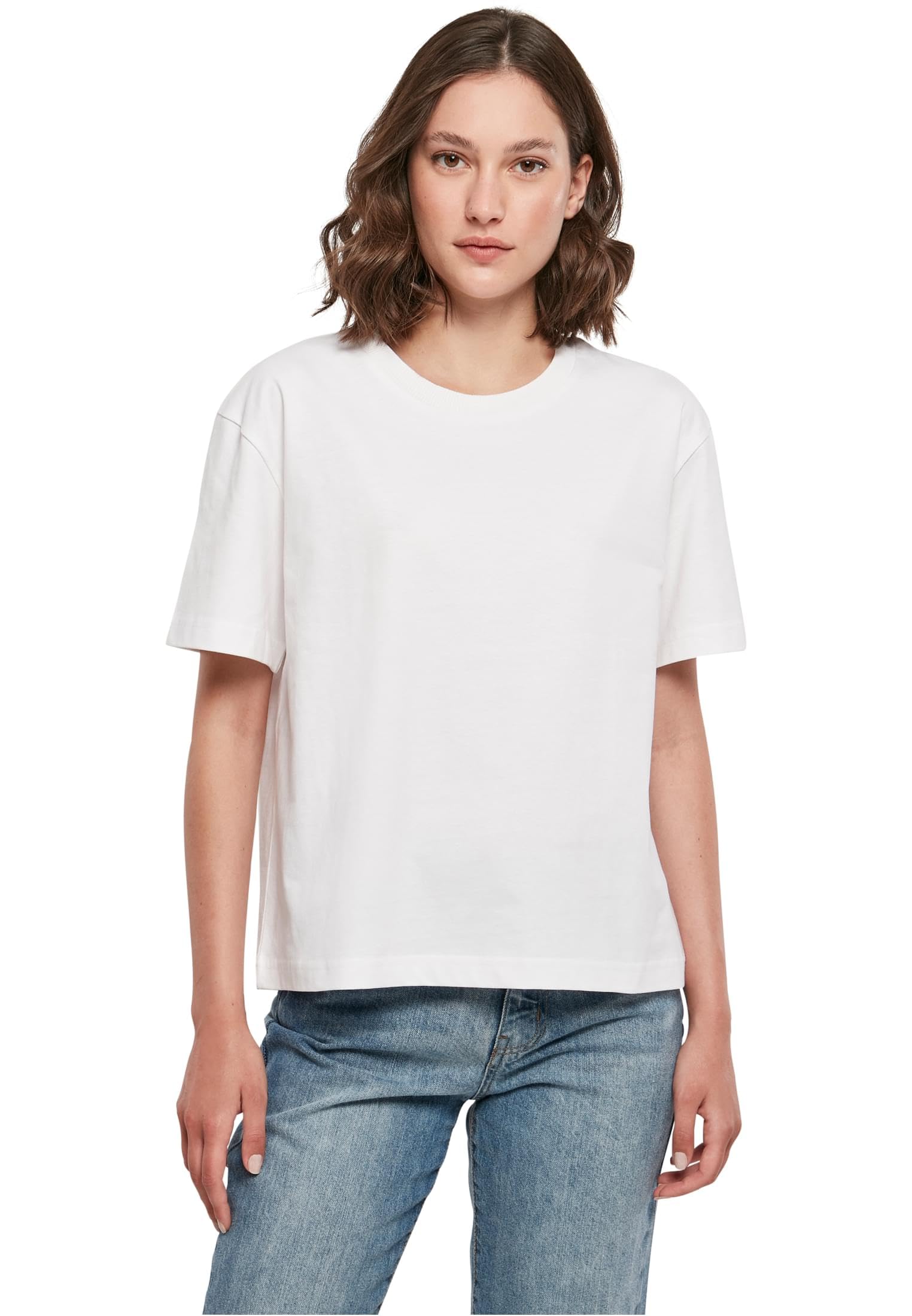 Build your Brand Women's T-Shirt Ladies Everyday Tee Casual T-Shirt for Women in Oversized Look Cotton Sizes XS - 5XL, White, L