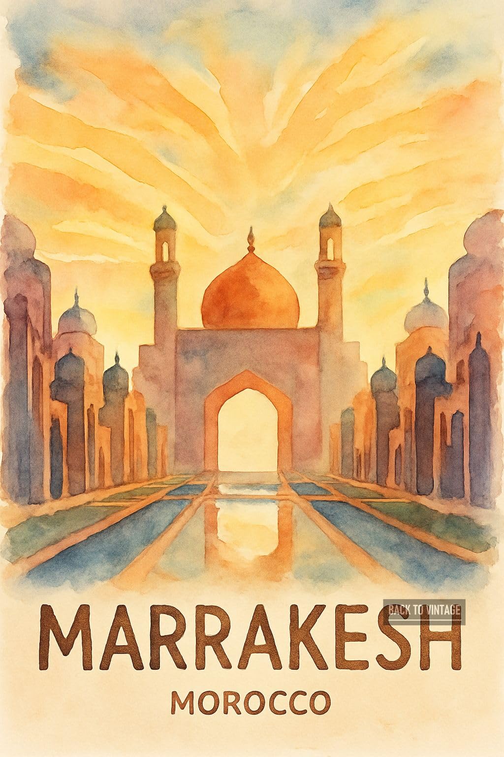 BACK TO VINTAGE Marrakesh Mosque - A4 Travel City Poster Wall Art Home Decor Art Print with Iconic Landmarks and Global Views for Culture Inspired